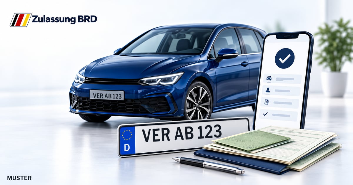 Online Fahrzeugzulassung in Kirchlinteln: Musterkennzeichen VER AB 123, Auto und Fahrzeugpapiere und Smartphone. Illustration mit Logo von Zulassung BRD.